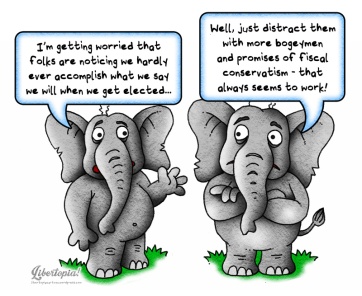 Elephants, GOP, Republican Party, Neoconservatives, cartoon, fiscal conservative, politics, political cartoon, illustration