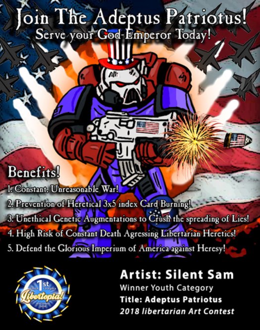 Silent Sam, libertarian artist, art contest, 2018, youth winner, science fiction, parody artwork, warhammer 40K